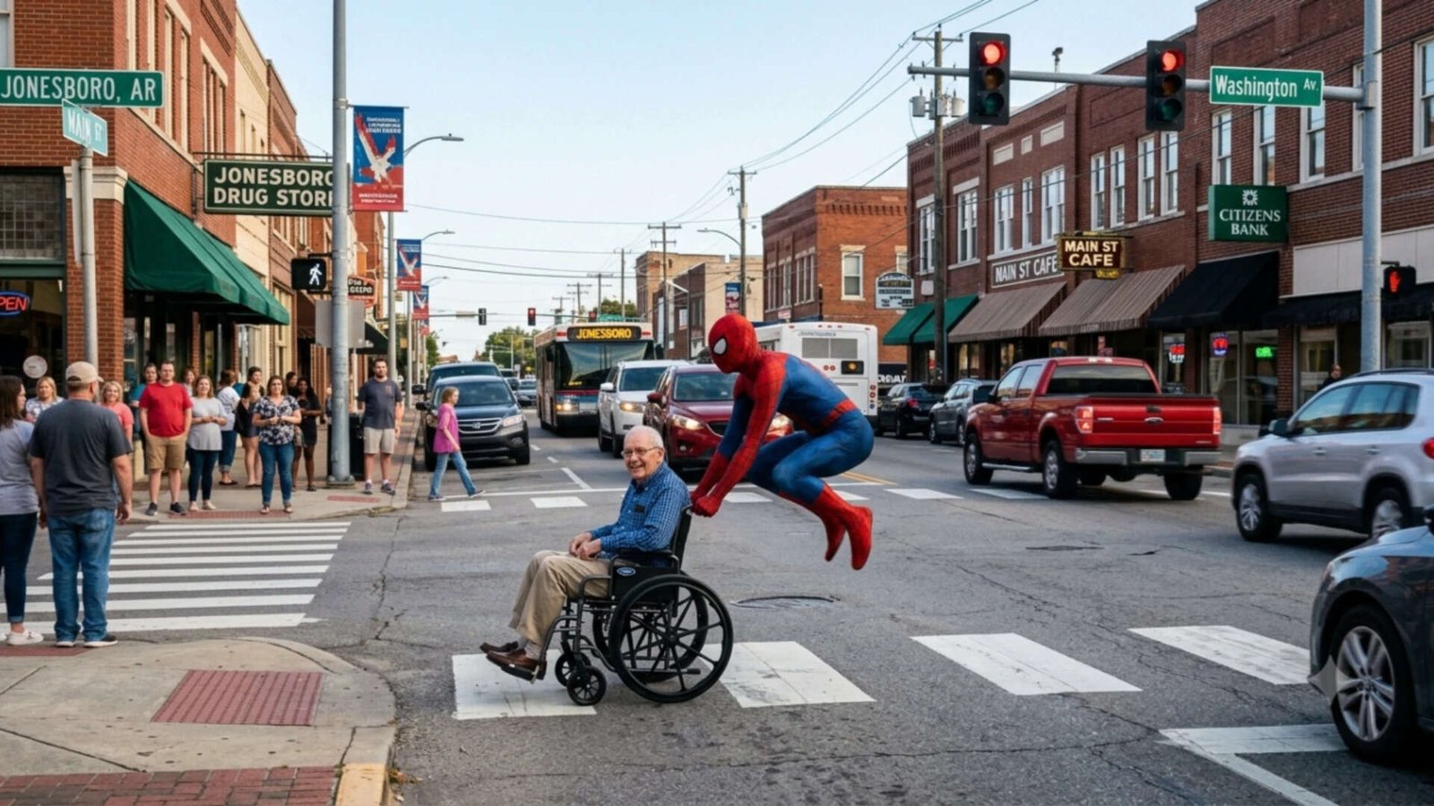 Spider-Man helps a man in wheelchair cross a busy intersection