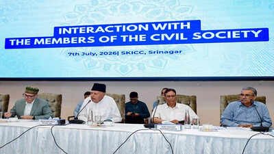 Jammu and Kashmir National Conference (JKNC) president Farooq Abdullah and Jammu and Kashmir chief minister Omar Abdullah, during the interaction with the members of the civil society at SKICC, in Srinagar on Tuesday. (@JKNC_ X/ANI Photo) Before Delhi protest, NC secures Kashmir civil society’s resolution for restoration of statehood