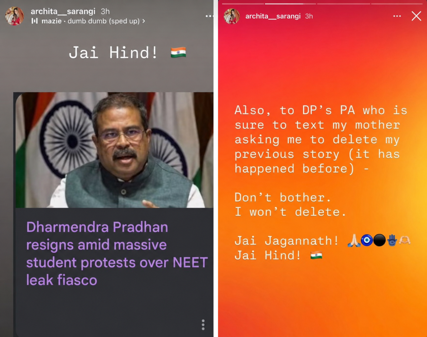 The social media post of Bhubaneswar MP Aparajita Sarangi's daughter Archita Sachin Rahar welcomed Dharmendra Pradhan's resignation