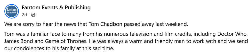 Tom Chadbon's demise annoncement