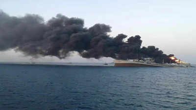 UKMTO said the damaged vessel was located east of Oman and confirmed that the crew had safely evacuated. Container ship catches fire off Oman hours after US strike; British crew escapes on lifeboat