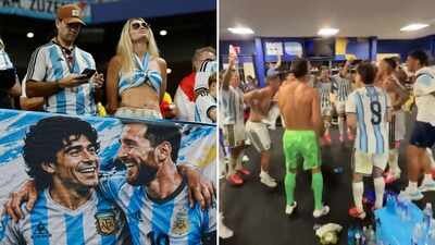 Argentinas fans display a banner depicting Leo Messi and Diego Armando Maradona, in Atlanta, Tuesday, July 7, 2026 (left) and Argentina players singing 'the fourth star' in dressing room after win over Egypt. 'La Cuarta Estrella': Meaning and lyrics of Argentina's FIFA World Cup 2026 anthem Lionel Messi and teammates sing