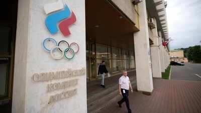 A man walks from the Russian National Olympic Committee building in Moscow, on Tuesday, July 7, 2026. (AP Photo) Russia challenges World Athletics ban at sports court as IOC eases restrictions
