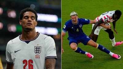England's Jarell Quansah (26) leaves the field after receiving a red card during round of 16 soccer match between Mexico and England (left); and Folarin Balogun (20) fouls Bosnia's Tarik Muharemovic (4). 'Rules being applied equally': After Donald Trump's Balogun intervention, UK MP urges FIFA to delay England player's red-card suspension