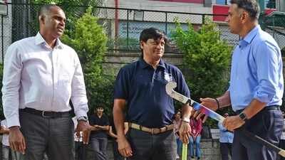 Rahul Dravid with former international hockey players Sandeep Somesh (centre) and Anil Aldrin in Bengaluru on Friday On hockey, humility and lessons that last: Rahul Dravid recalls formative years, inspires youngsters