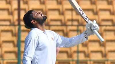 Smaran Ravichandran celebrates after scoring a century. (Syed Asif) Smaran Ravichandran exclusive: 'My goal is to remain at the top and continue piling on runs'