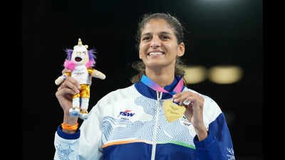 India's Jaismine Lamboria celebrates after winning the women's 57kg boxing final. (AP Photo) From hospital bed to CWG gold: How Jaismine Lamboria fought the odds in Glasgow