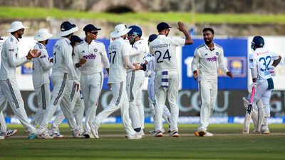 India's Manav Suthar, second right, celebrates with teammates (PTI Photo) Rishabh Pant’s 100th six, Manav Suthar’s double strike put India on brink of Galle victory