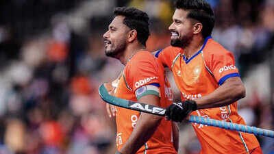 Harmanpreet Singh celebrates with teammate after scoring a goal against Pakistan. (Pic credit: Hockey India) ‘Cannot afford any mistake’: Harmanpreet Singh rues India’s lapses despite Pakistan win