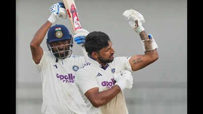India's Dhruv Jurel celebrates his century as batting partner India's Mohammed Siraj, left, watches during day two of the second cricket test match between Sri Lanka and India in Colombo, Sri Lanka, Monday, Aug. 24, 2026. (AP Photo) Dhruv shines like a jewel in Colombo; makes the opportunity(ies) count