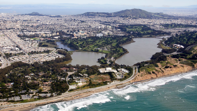 Aerial view of Lake Merced and surrounding coastal landscape In 1934, a gun club opened on 9.5 acres beside San Francisco’s Lake Merced; 81 years later it closed, contaminated soil was cleaned up and the lakeside land is now being opened for public recreation