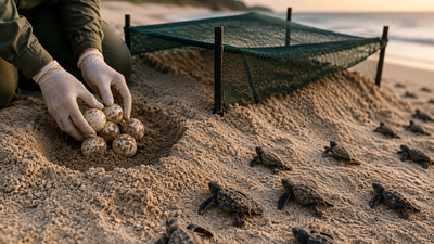 Representative Image (AI-generated) Conservationists move threatened sea turtle nests to safer sand to save eggs from heat and tides; a 2-year study found lower hatching success, smaller hatchlings and just 8% males in one season