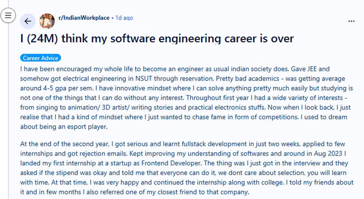 24-year-old NSUT student says software engineering career is over after degree setback