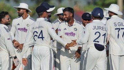 India's Manav Suthar and teammate celebrate the wicket of Sri Lanka's Lahiru Udara on day 4 of the 1st Test match, at Galle International Stadium (ANI Pic Service) India's Manav Suthar and teammate celebrate the wicket of Sri Lanka's Lahiru Udara on day 4 of the 1st Test match, at Galle International Stadium (ANI Pic Service)