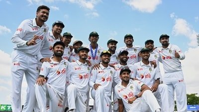Bangladesh players pose for a team photo as they celebrate after defeating Australia. (AP) Bangladesh players pose for a team photo as they celebrate after defeating Australia. (AP)