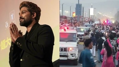 Allu Arjun's fans blocked the road near his hotel in Visakhapatnam to see a glimpse of him.