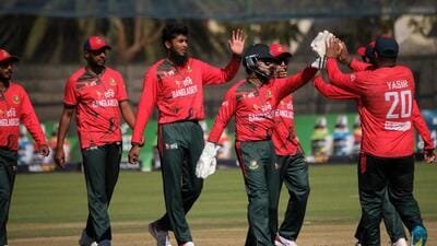 Bangladesh's players celebrate during a T20I against Zimbabwe on July 19, 2026. (AP Photo/Mkhululi Thobela) Bangladesh's players celebrate during a T20I against Zimbabwe on July 19, 2026. (AP Photo/Mkhululi Thobela)