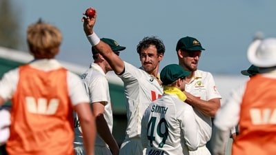 Mitchell Starc (C) celebrates with teammates after taking his tenth wicket for the match of Bangladesh's Taijul Islam during the second day of the second Test match (AFP) Mitchell Starc (C) celebrates with teammates after taking his tenth wicket for the match of Bangladesh's Taijul Islam during the second day of the second Test match (AFP)