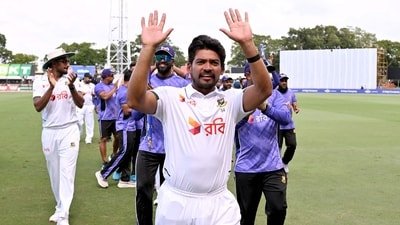 Bangladesh captain Najmul Hossain Shanto waves to the fans after his team's victory in the first Test. (AFP)