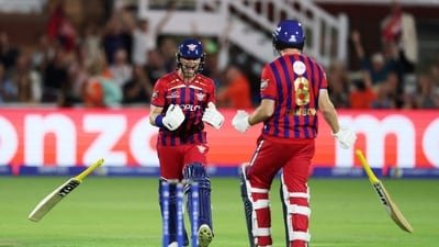 Manchester Super Giants' Liam Dawson celebrates with Leus du Plooy after hitting a six to win the Hundred men's final earlier this month. (Action Images via Reuters)