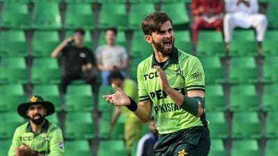 Pakistan's captain Shaheen Shah Afridi celebrates after taking a wicket. (AFP)