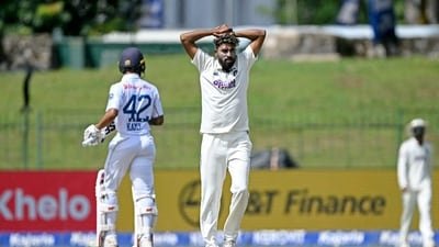 India's Mohammed Siraj reacts after a delivery during the third day of the second Test cricket match between Sri Lanka and India (AFP)