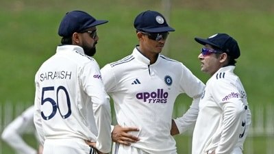 India's Saransh Jain (L), Yashasvi Jaiswal (C), and Sarfaraz Khan speak during the third day. (AFP) India's Saransh Jain (L), Yashasvi Jaiswal (C), and Sarfaraz Khan speak during the third day. (AFP)