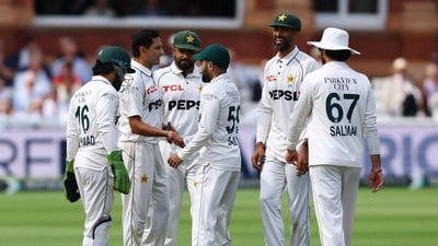 Pakistan's Mohammad Abbas celebrates after taking the wicket of England's Dan Lawrence with teammates (Action Images via Reuters)