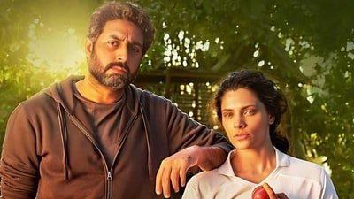 Abhishek Bachchan and Saiyami Kher in Ghoomer. Abhishek Bachchan and Saiyami Kher in Ghoomer.
