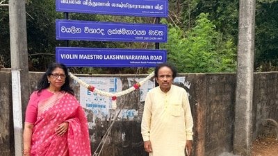 Violinist L Subramaniam with wife-singer singer Kavita Krishnamurthy during the inauguration of Violin Maestro Lakshminarayana Road, named in memory of his father Vaidyanatha Lakshminarayana in Jaffna, Sri Lanka