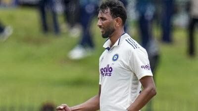 India fast bowler Prasidh Krishna celebrates his dismissal of Sri Lanka's Kamindu Mendis on Day 3 of the second Test at the Sinhalese Sports Club Ground in Colombo on Tuesday. (PTI) India fast bowler Prasidh Krishna celebrates his dismissal of Sri Lanka's Kamindu Mendis on Day 3 of the second Test at the Sinhalese Sports Club Ground in Colombo on Tuesday. (PTI)