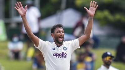India fast bowler Prasidh Krishna during the second Test against Sri Lanka in Colombo on August 27. He took seven wickets in the two-match series played on slow pitches. (PTI) India fast bowler Prasidh Krishna during the second Test against Sri Lanka in Colombo on August 27. He took seven wickets in the two-match series played on slow pitches. (PTI)