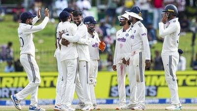 India's Manav Suthar celebrates after taking the wicket of Sri Lanka's Pasindu Sooriyabandara. (PTI) India's Manav Suthar celebrates after taking the wicket of Sri Lanka's Pasindu Sooriyabandara. (PTI)