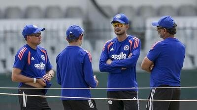 India's head coach Gautam Gambhir, second left, batting coach Sitanshu Kotak, right, captain Shubman Gill, second right, and chief selector Ajit Agarkar interact during a practice session ahead of the second Test cricket match between India and Sri Lanka, in Colombo. (PTI)