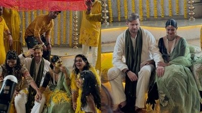 Jennifer Winget and William Ishmael celebrate together during their haldi ceremony. Jennifer Winget and William Ishmael celebrate together during their haldi ceremony.