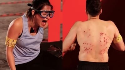 Shagun Sharma and Gaurav Khanna were the first to drop out of the task after being hit by rubber bullets. Shagun Sharma and Gaurav Khanna were the first to drop out of the task after being hit by rubber bullets.