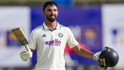 Devdutt Padikkal after completing his maiden Test century. (PTI) Devdutt Padikkal after completing his maiden Test century. (PTI)