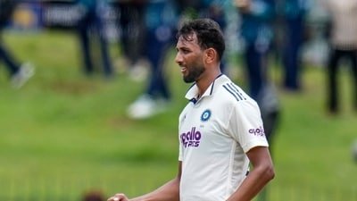 Prasidh Krishna celebrates after taking the wicket of Kamindu Mendis. (PTI)