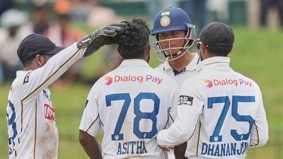 India's Yashasvi Jaiswal and Sri Lanka's Asitha Fernando exchange words during day one of the second cricket test match between Sri Lanka and India (AP Photo/Eranga Jayawardena)