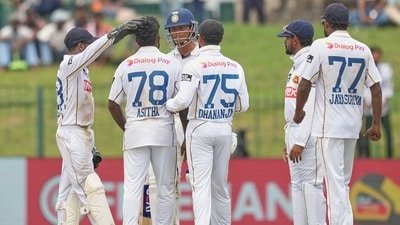 India's Yashasvi Jaiswal and Sri Lanka's Asitha Fernando exchange words during day one of the second cricket test match between Sri Lanka and India (AP Photo/Eranga Jayawardena)