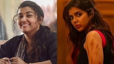 Vismaya Mohanlal and Kalyani Priyadarshan in stills from Thudakkam and Lokah. Vismaya Mohanlal and Kalyani Priyadarshan in stills from Thudakkam and Lokah.
