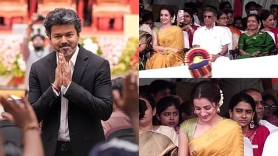 Trisha Krishnan sits with Tamil Nadu CM Vijay's parents. Trisha Krishnan sits with Tamil Nadu CM Vijay's parents.