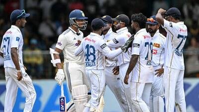 Yashasvi Jaiswal (2L) confronts Sri Lanka's Asitha Fernando (3R) after his dismissal in Colombo Test. (AFP) Yashasvi Jaiswal (2L) confronts Sri Lanka's Asitha Fernando (3R) after his dismissal in Colombo Test. (AFP)