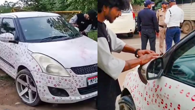 A car in Gwalior covered with around 3,400 lipstick kiss marks, an unusual modification that led to a Rs 5,500 fine and renewed focus on vehicle modification laws in India A 'kiss' too costly? 3,400 lipstick marks, Rs 5,500 fine; why defacing your car may land you in trouble