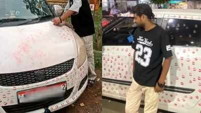 A Gwalior resident faced a fine after his car was covered in lipstick marks Watch: Gwalior man fined Rs 5,500 after girlfriend covers his car with 3,400 lipstick kisses