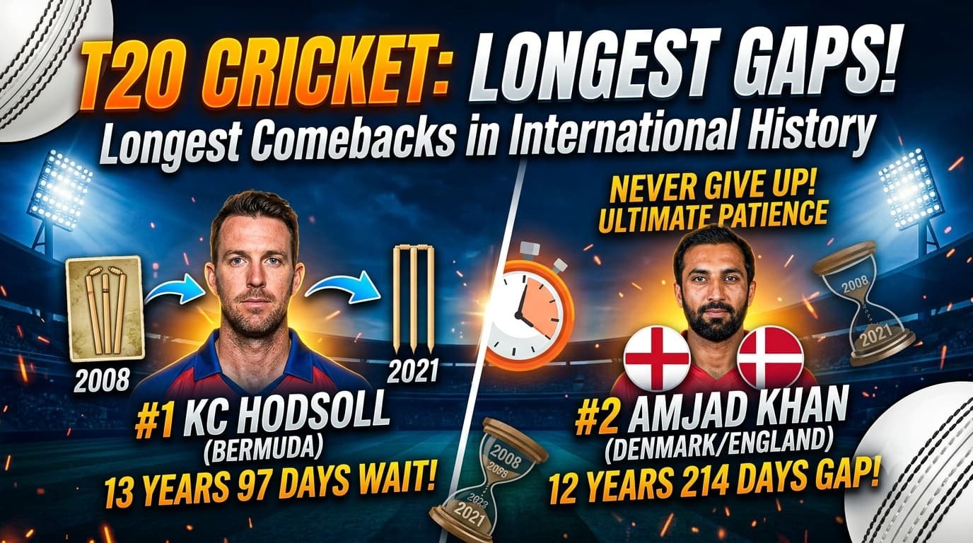  T20 International cricket is the shortest format of the game, but earning a place in a national team is never easy. Many players make their debut and continue playing regularly, while others have to wait years before getting another opportunity.  Long gaps between T20I appearances can happen for several reasons. A player may lose their place in the team because of poor form, injuries, strong competition, retirement, or selection changes. In some cases, countries play very few T20Is, while players who switch national teams under ICC eligibility rules may also experience lengthy breaks before returning to international cricket.  Some of these comeback stories are remarkable. Several players returned to international cricket after waiting more than a decade, proving their determination and love for the game. This article looks at the longest intervals between T20I appearances in men's international cricket.  Longest Intervals Between T20I Appearances Rank	Player	Team	Interval	Matches	Previous Appearance	Next Appearance 1	KC Hodsoll	Bermuda	13 years 97 days	4	5 Aug 2008	10 Nov 2021 2	Amjad Khan	Denmark/England	12 years 214 days	9	15 Mar 2009	15 Oct 2021 3	OO Bascome	Bermuda	11 years 80 days	3	5 Aug 2008	24 Oct 2019 4	GH O'Brien	Bermuda	11 years 13 days	11	5 Aug 2008	18 Aug 2019 5	RJ Trott	Bermuda	11 years 13 days	21	5 Aug 2008	18 Aug 2019 6	Xavier Marshall	USA/West Indies	9 years 269 days	20	19 Jun 2009	15 Mar 2019 7	Johan Botha Theron	South Africa/USA	9 years 222 days	18	30 Mar 2012	7 Nov 2021 8	Liam Plunkett	England	9 years 164 days	22	15 Jun 2006	26 Nov 2015 9	Devon Thomas	West Indies	8 years 303 days	12	13 Feb 2013	13 Dec 2021 10	Anas Khan	Hong Kong	8 years 299 days	27	24 Nov 2014	19 Sep 2023 1. KC Hodsoll (Bermuda) – 13 Years 97 Days KC Hodsoll holds the record for the longest gap between two T20I appearances. After representing Bermuda on 5 August 2008, he did not play another T20 International until 10 November 2021. His return came after an incredible 13 years and 97 days, making it the longest interval in T20I history.  KC Hodsoll's Record  Team: Bermuda  Previous Match: 5 August 2008  Next Match: 10 November 2021  Gap: 13 years 97 days  Career T20Is: 4  2. Amjad Khan (Denmark and England) – 12 Years 214 Days Amjad Khan is one of the few cricketers to represent two different countries in T20 Internationals. He first played for England before later qualifying to represent Denmark. Between his appearance on 15 March 2009 and his return on 15 October 2021, he waited 12 years and 214 days.  Amjad Khan's Record  Teams: England and Denmark  Gap: 12 years 214 days  Career T20Is: 9  3. OJO Bascome (Bermuda) – 11 Years 80 Days OJO Bascome made his T20I debut in August 2008 before disappearing from Bermuda's international side. He returned on 24 October 2019, ending a wait of 11 years and 80 days. Despite playing only three T20Is, his comeback remains one of the longest in international cricket.  OJO Bascome's Record  Team: Bermuda  Gap: 11 years 80 days  Career T20Is: 3   Most ODI Matches in Cricket History: Top 10 Players with the Highest ODI Appearances One Day International (ODI) cricket has been one of the most popular formats since its introduction in 1971. by K D Mishra August 3, 2026