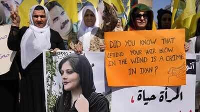 Beirut: Kurdish women hold a portrait of Iranian Mahsa Amini who died in Iran after being arrested by Iran's morality police for allegedly violating its strictly-enforced dress code. (Photo: AP) Cafes, shops shut over 'violation of norms': Iran's hijab crackdown returns as women defy veiling rules