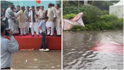 Screen grabs from the video shared by AAP MLA Kuldeep Kumar ‘Swimming pool at Talkatora Stadium’: AAP mocks BJP over waterlogging at Nitin Nabin event