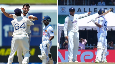 Prasidh Krishna, second right, with Yashasvi Jaiswal, 64, celebrates after taking a wicket of Sri Lanka's Niroshan Dickwella. (left) and Yashasvi Jaiswal, Dickwealla Sri Lanka batter says 'thank you' to Yashasvi Jaiswal's 'IPL' promise, then throws his wicket - Watch