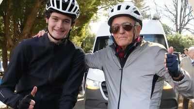Bob Montgomery and Tom Malcolm crossed the finish line on Sunday (Picture: MND NSW) An 82-year-old Australian grandfather and his 18-year-old grandson cycled 5,300km through deserts and headwinds, raising $65,000 for MND support